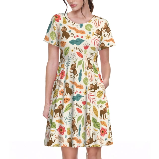 Bixox Robe d'Été à Manches Courtes pour Femmes Robe Ample Longueur Genou avec Poches-Singes dans la Jungle
