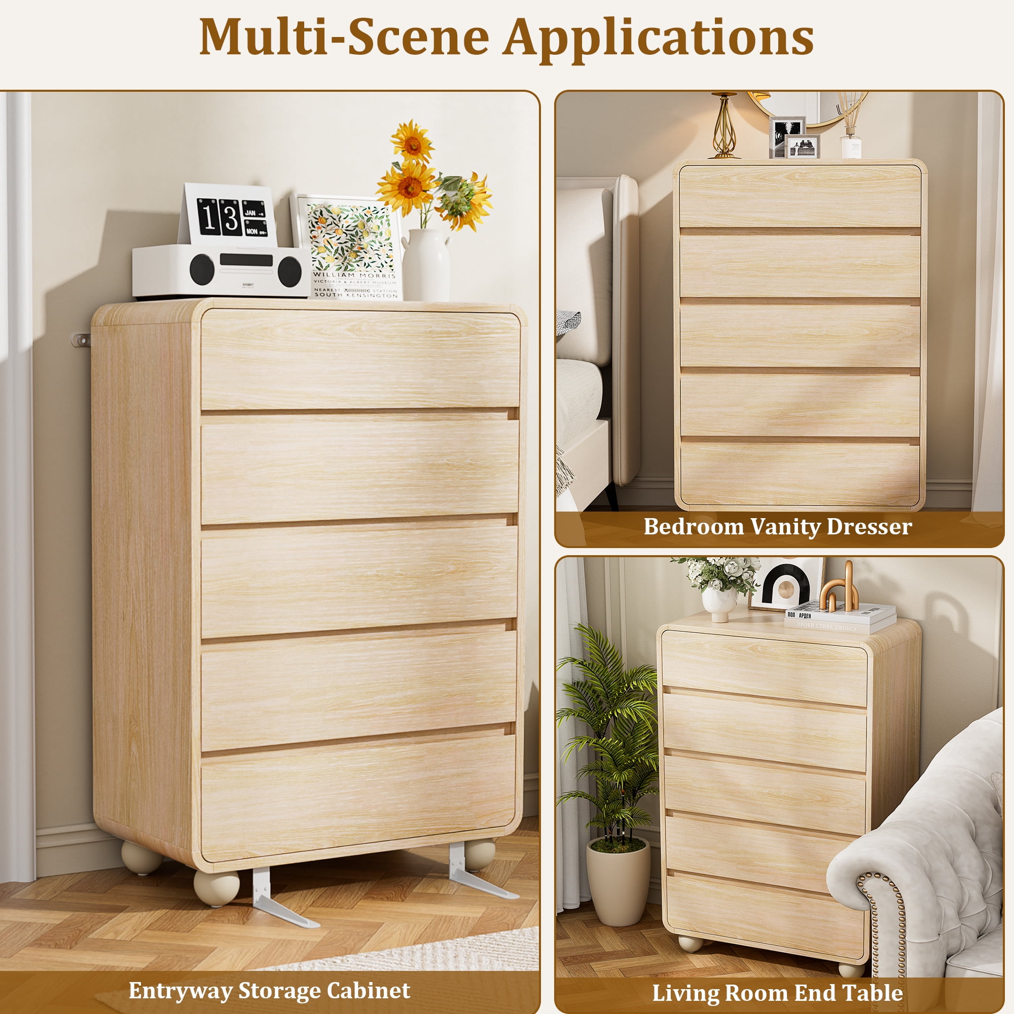 Laintene Tall Dresser 5 Drawer, Modern Wood Dresser for Bedroom, 41" Fluted Chest of Drawers with Curved Profile Design, Natural