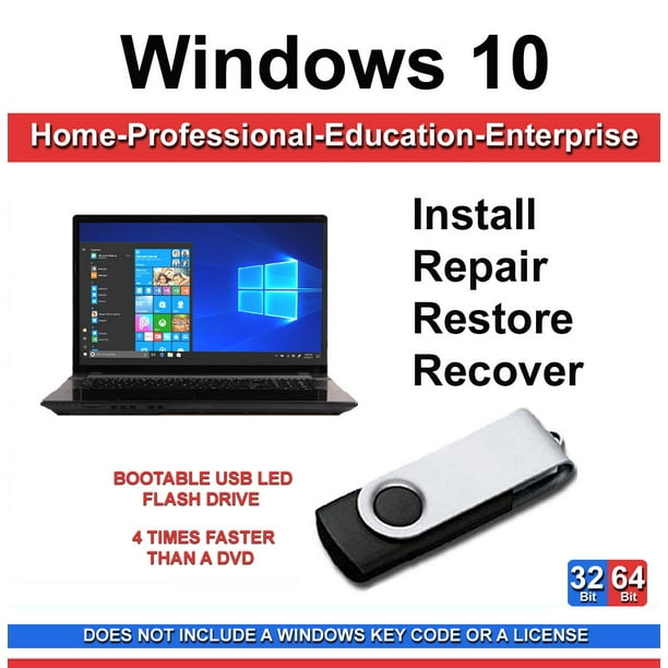 Windows 10 Home & Professional 32/64 Bit Repair Recover Restore USB Flash Drive For Legacy Bios Plus Drivers - Walmart.com