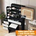 thumbnail image 3 of Vanity Desk Set with Sliding LED Mirror, Adjustable Brightness 3 Color Lighting, Built-in Power Outlet, 4 Drawers, Open Shelves and Cushioned Stool, Modern Makeup Dressing Table, 3 of 6