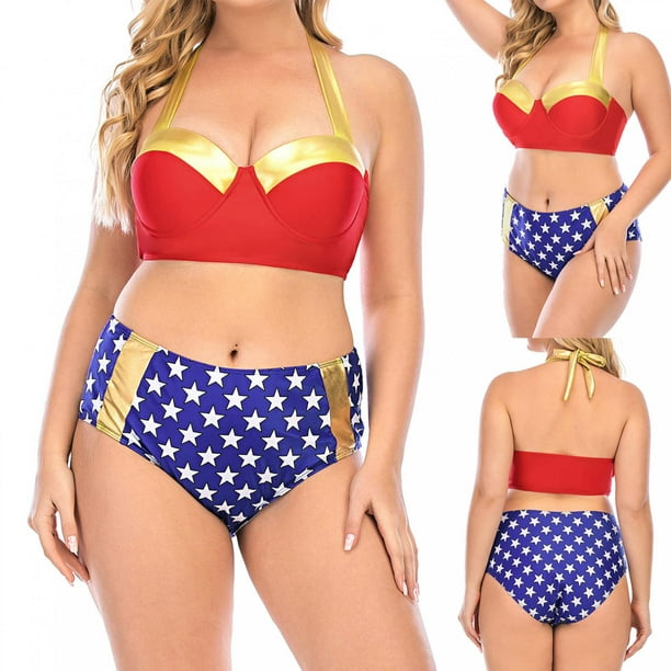 Pisexur Women Plus Size Two Piece Bikini Swimsuit American Flag Print High  Waisted Bottom Ruched Lace Up Bathing Suit