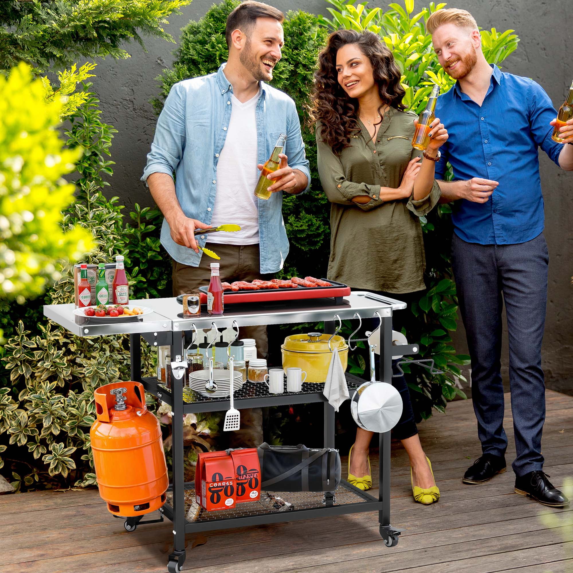 Uforic Rolling Outdoor Grill Table with Wheels, 3-Shelf Pizza Oven Cart and Folding Extension Board