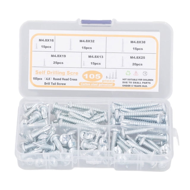 105Pcs Self Drilling Screw Round Head Cross Carbon Steel Drill Tail Screw with Storage Box