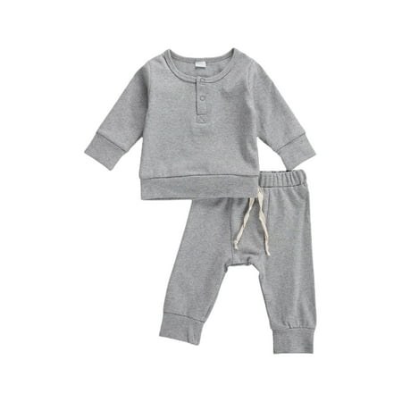 

0-18M Toddler Baby Autumn Clothes Sets Casual Pajama Sets Solid Cotton Long Sleeve T Shirt Top+Pants 2PCS Girls Boys Outfit