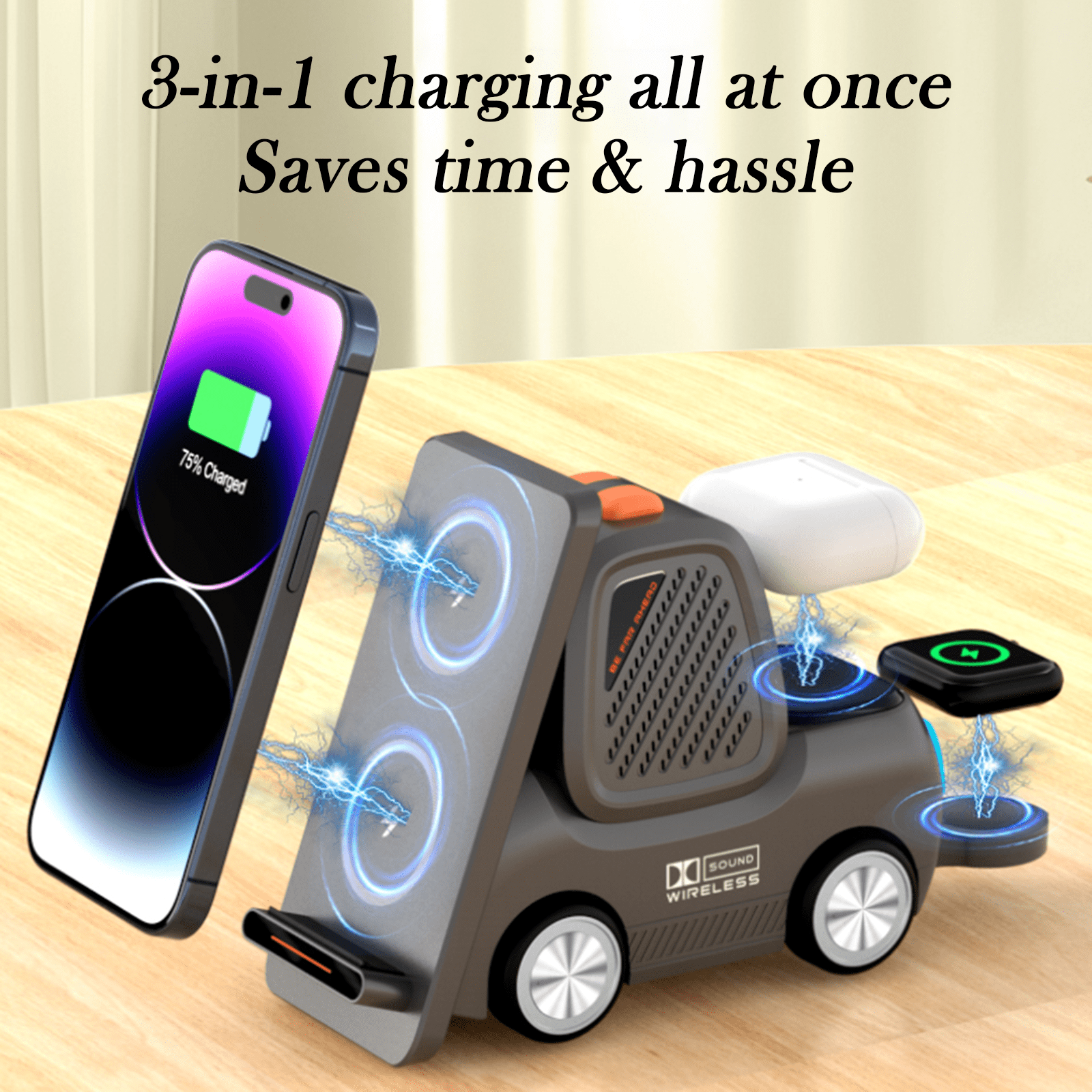 4 in 1 Wireless Charging Station Bluetooth Speaker, Charging Dock for Apple Devices, Charger Stand for iPhone 16 15 14 13 12 11 Pro Max for Apple Watch & AirPods