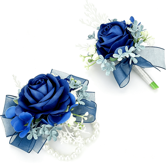 BZCOE Corsage Wristlet and Boutonniere Set Blue Wrist Corsage Double Pearl Bracelets Blue Pocket Boutonniere for Men Wedding Prom Party Suit Decor Elegant Pearl Corsage Wristlet (2 Pack)
