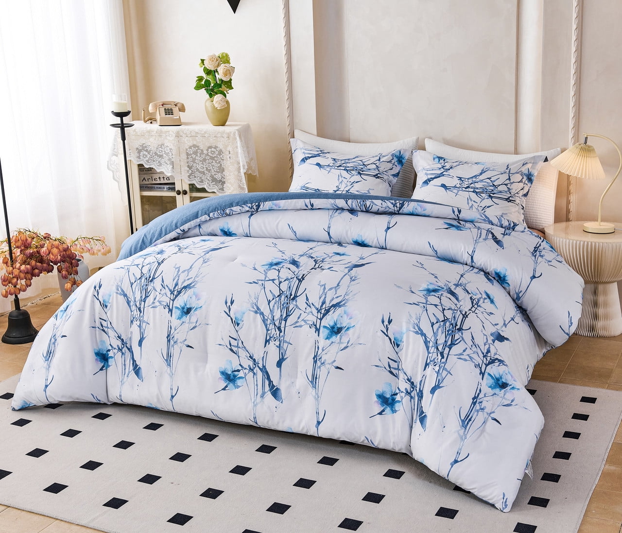 Koniroom 3Pcs Blue Blossom Comforter Set Queen Size, Blue Flower Branch on White Bedding Sets for Women