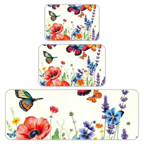 RKSupls Kitchen Rug Set 3 Piece Anti-Slip Flannel Floor Mats, Butterfly Wildflower Garden Washable Absorbent Runner Mats for Kitchen Bathroom Home Decor