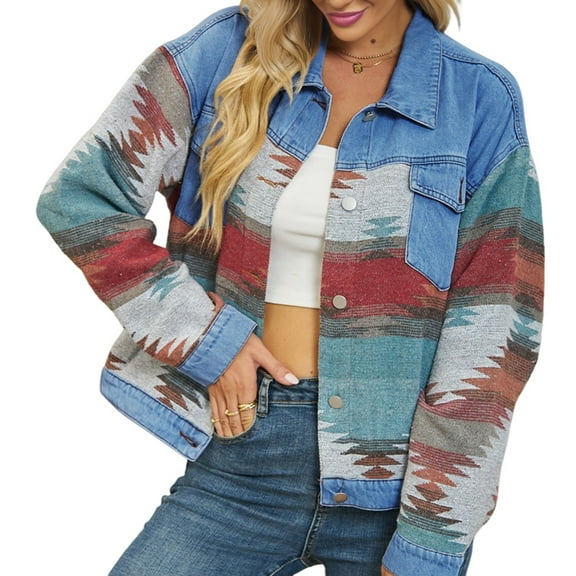 Women'S Washed Colorblock Denim Cropped Top Fashion Lapel Long Sleeve Retro Button Denim Jacket Color S