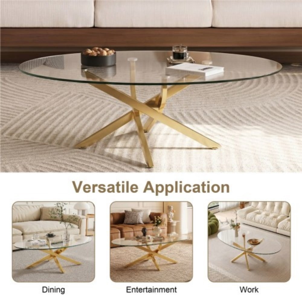 Oval Coffee Table, 39.37" Tempered Glass Top with Gold Cross Legs, Modern Side Table, Tea Table for Living Room, Apartment, Cafe