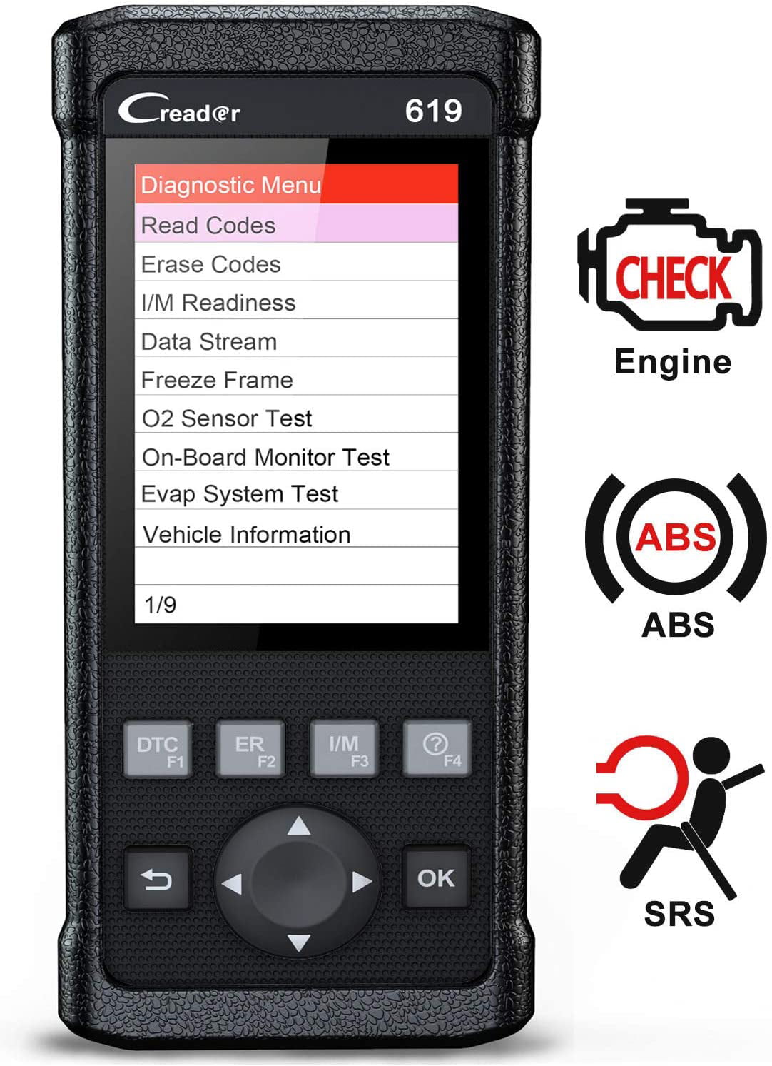 Launch Creader CR619 Automotive ABS SRS Diagnostic Scan Tool Auto Obd ii OBD2 Scanner Car Code Reader Check Engine SRS ABS Airbag Light Fault Code Reader with EVAP O2 On-board Monitor Test 