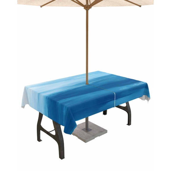 Outdoor Tablecloth with Umbrella Hole for Patio/Picnic/Party/Camping, Coastal Sky Blue Waterproof Table Cloth Rectangle Table Cover Washable, Summer Nautical Ocean Wave 60"x 102"