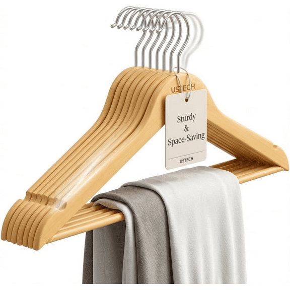 USTECH Slim Plastic Hangers Wood-Like Appearance Non-Slip Swivel Hook Shoulder Notches Space-Saving Closet Organizers Ultra Sturdy Ideal for Suits Coats Shirts High-Grade Material Maximize Storage