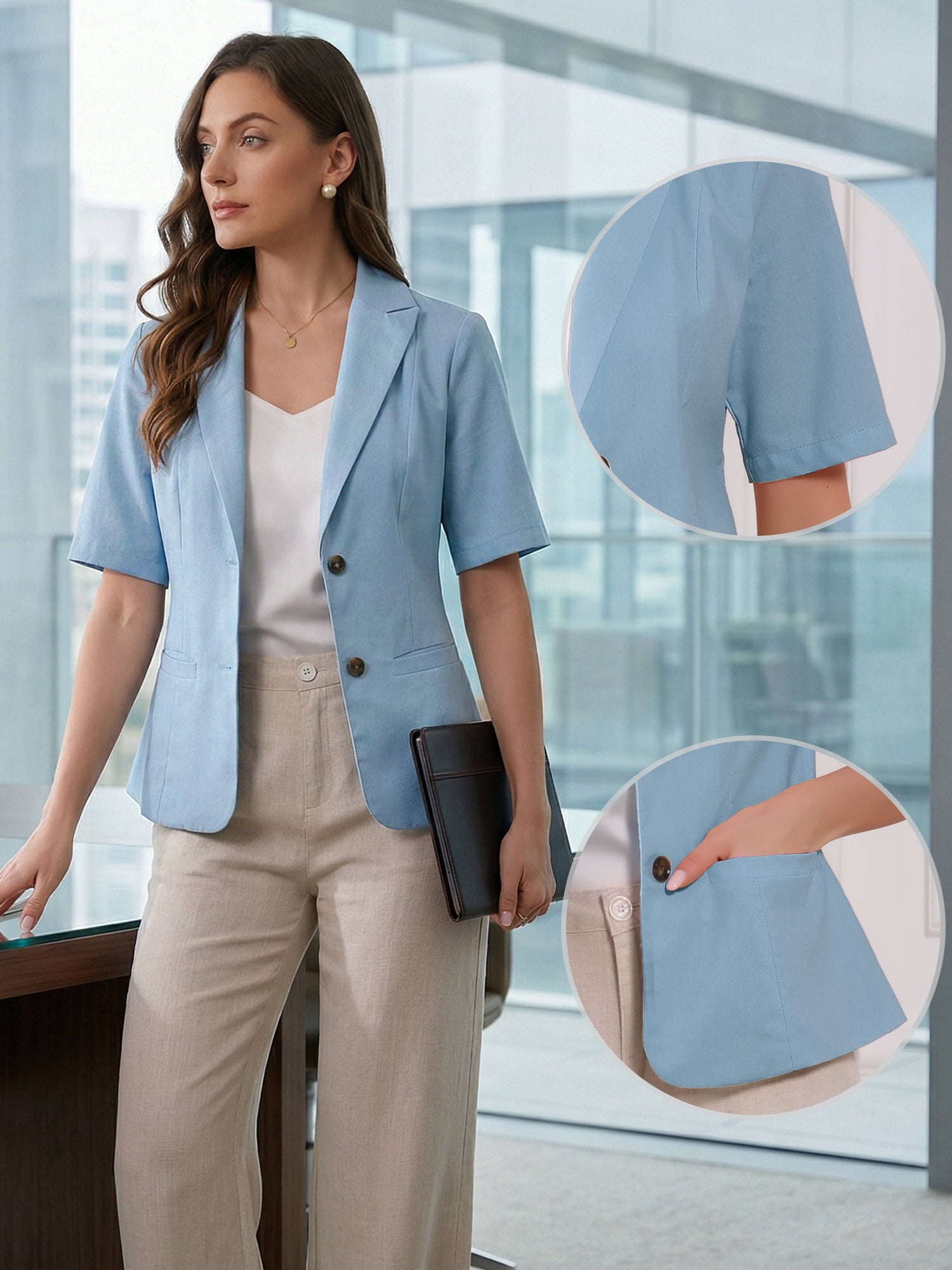 DARING DIVA Women's Linen Short Sleeve Cotton Lapel Collar Blazer XL Light Blue