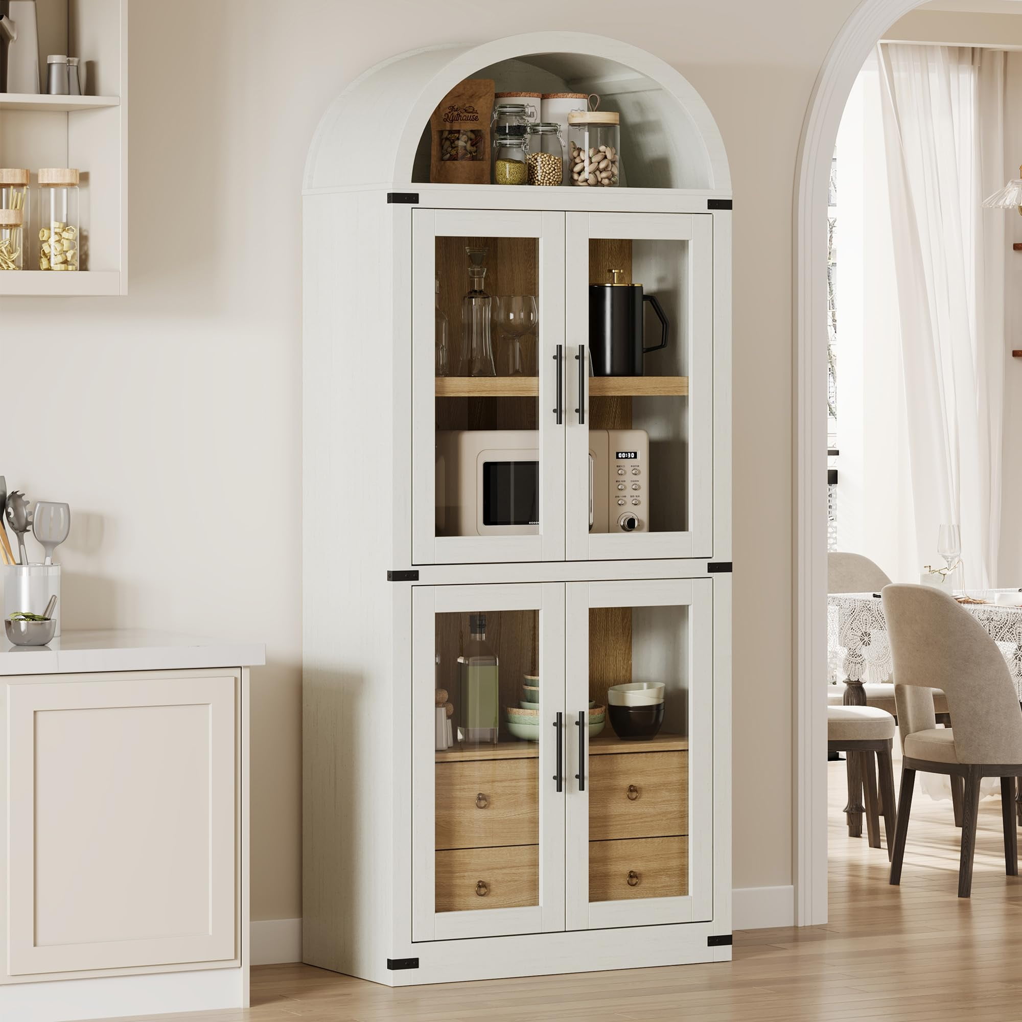 Danolapsi 71.4in Tall Arched Pantry Cabinet,Wood Bookcase with 2 Drawers,Kitchen Pantry Cabinet with Glass Door,Modern Farmhouse Display Cabinet Kitchen Cupboard for Kitchen,Dining Room,Bathroom