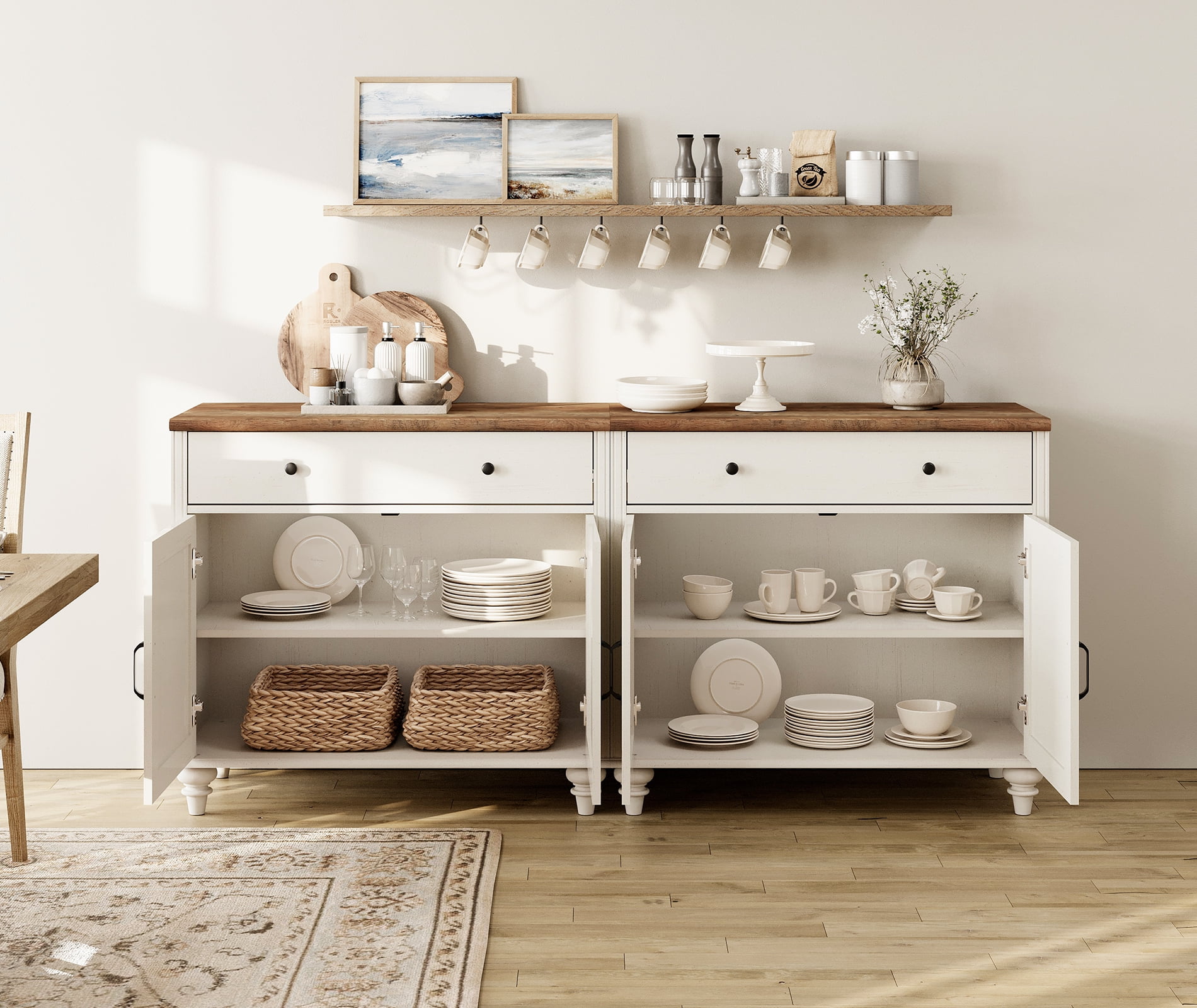 Buffet Cabinet with 4 Doors and 2 Drawers, Large Kitchen Storage Cabinets Wood Coffee Bar Tables with Adjustable Shelf, Modern Farmhouse Sideboard for Dining Room, Living Room, Off White, 68 inch