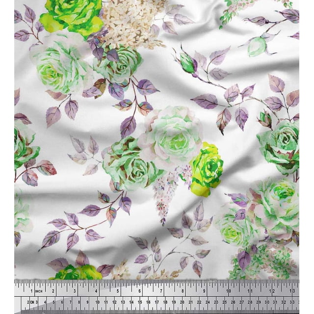 Soimoi Green Poly Georgette Fabric Leaves & Rose Flower Decor Fabric Printed BTY 42 Inch Wide