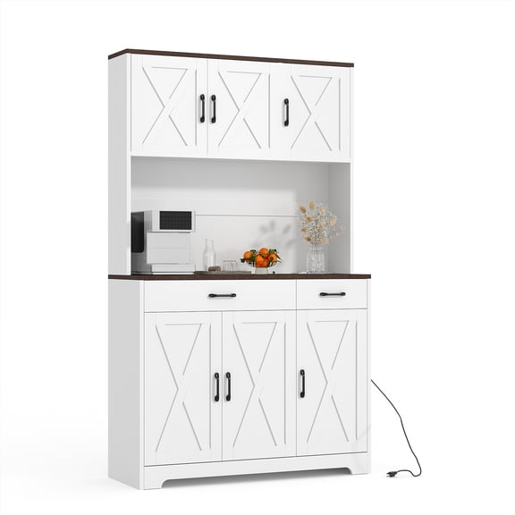 Tall Kitchen Pantry Cabinet with Charging Station, 71 Inch Farmhouse White Storage Hutch with Microwave Stand & Drawers for Living Room Dining Room