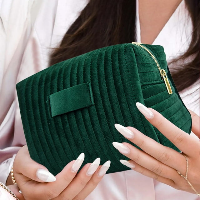 Neceser de terciopelo a rayas bordadas | Neceser de maquillaje de poliéster impermeable | Organizador de viaje de 22 x 16 x 15 cm | Neceser verde suave para cosméticos y artículos de aseo