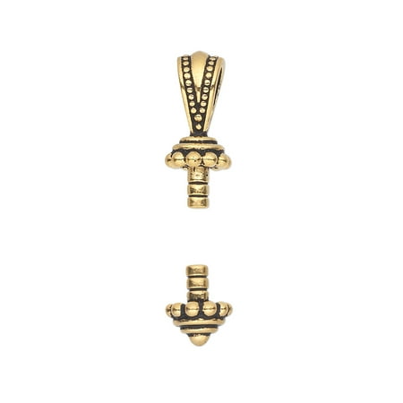 

Bail TierraCast glue-on antique gold-plated pewter (tin-based alloy) 17.5x7mm beaded round with 8.5x7mm beaded bottom and 4.5mm post fits 2.5-6mm hole. Sold per 2-piece set.