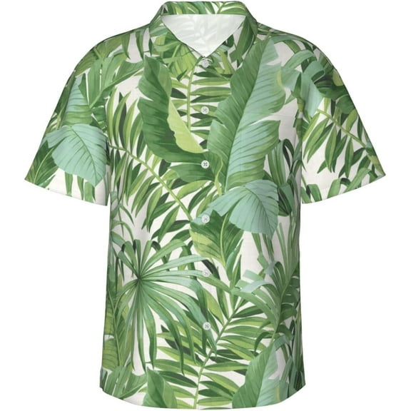 Green Plam Leaf Mens Hawaiian Shirt Short Sleeve Casual Button Up Tropical Summer Beach Shirt