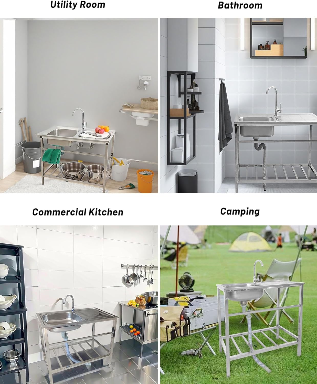 Free Standing Outdoor Sink, Stainless Steel Kitchen Utility Sink Station with Drainboard, Washing Hand Basin Tub Single Bowl Sink for Indoor Outdoor Patio Laundry Room Restaurant Workshop Garages
