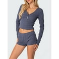 thumbnail image 5 of Biezeib Women Pajamas Set 2 Pieces Loungewear Suits Solid Color Ribbed V-Neck Long Sleeve Crop Tops and Shorts Sleepwear Outfits, 5 of 6