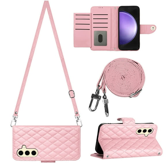 for Samsung Galaxy S24 Wallet Case, Elegant Card Holder Cash Slot PU Leather Kickstand Shoulder Strap Shockproof Protective Flip Women Girls Case Cover for Samsung Galaxy S24, Pink