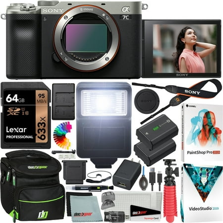 Sony a7C Mirrorless Full Frame Camera Alpha 7C Interchangeable Lens Body Only Silver ILCE7C/S Bundle with Deco Gear Case + Extra Battery + Flash + Filters + 64GB Card + Software Kit and Accessories