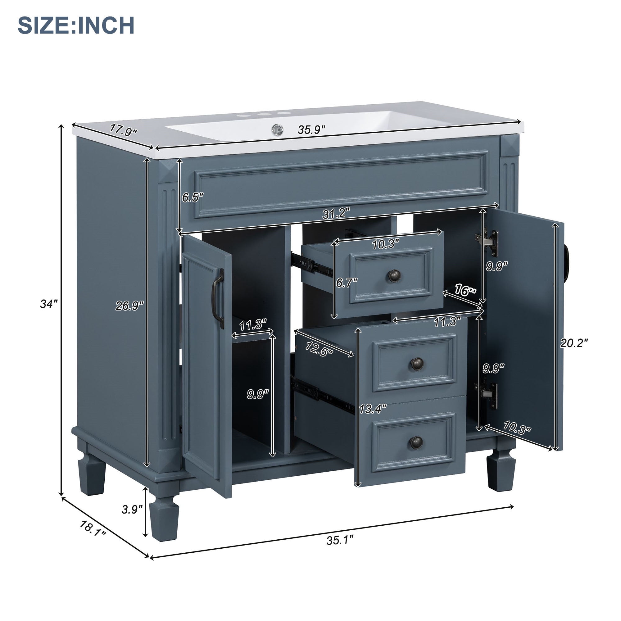EUROCO 36" Bathroom Vanity with Top Sink, Royal Blue Mirror Cabinet, Modern Bathroom Storage Cabinet with 2 Soft Closing Doors and 2 Drawers, Single Sink Bathroom Vanity