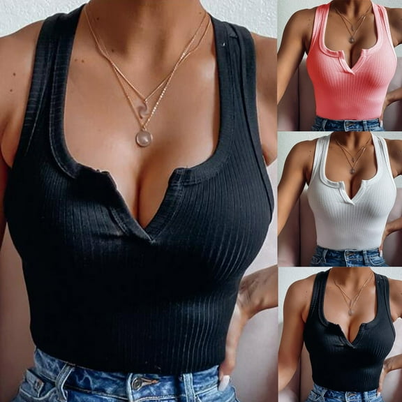 HAPIMO Women's Summer Tank Tops V-Neck Blouse Ribbed Crop Camisole Solid Color Print Tops Sleeveless Shirts for Girls Casual Slim Fit Camis Vest Black XL