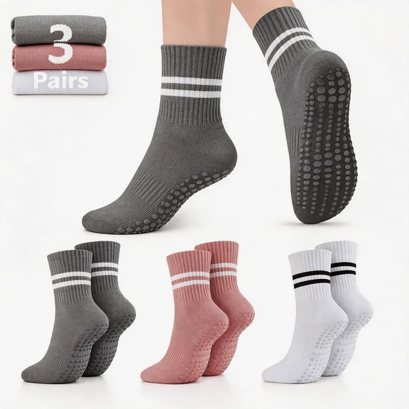 Women's Yoga Pilates Grip Socks, Non Slip, Cushioned Sole, Mid Calf Crew, 3 Pairs, Size 6.5-9