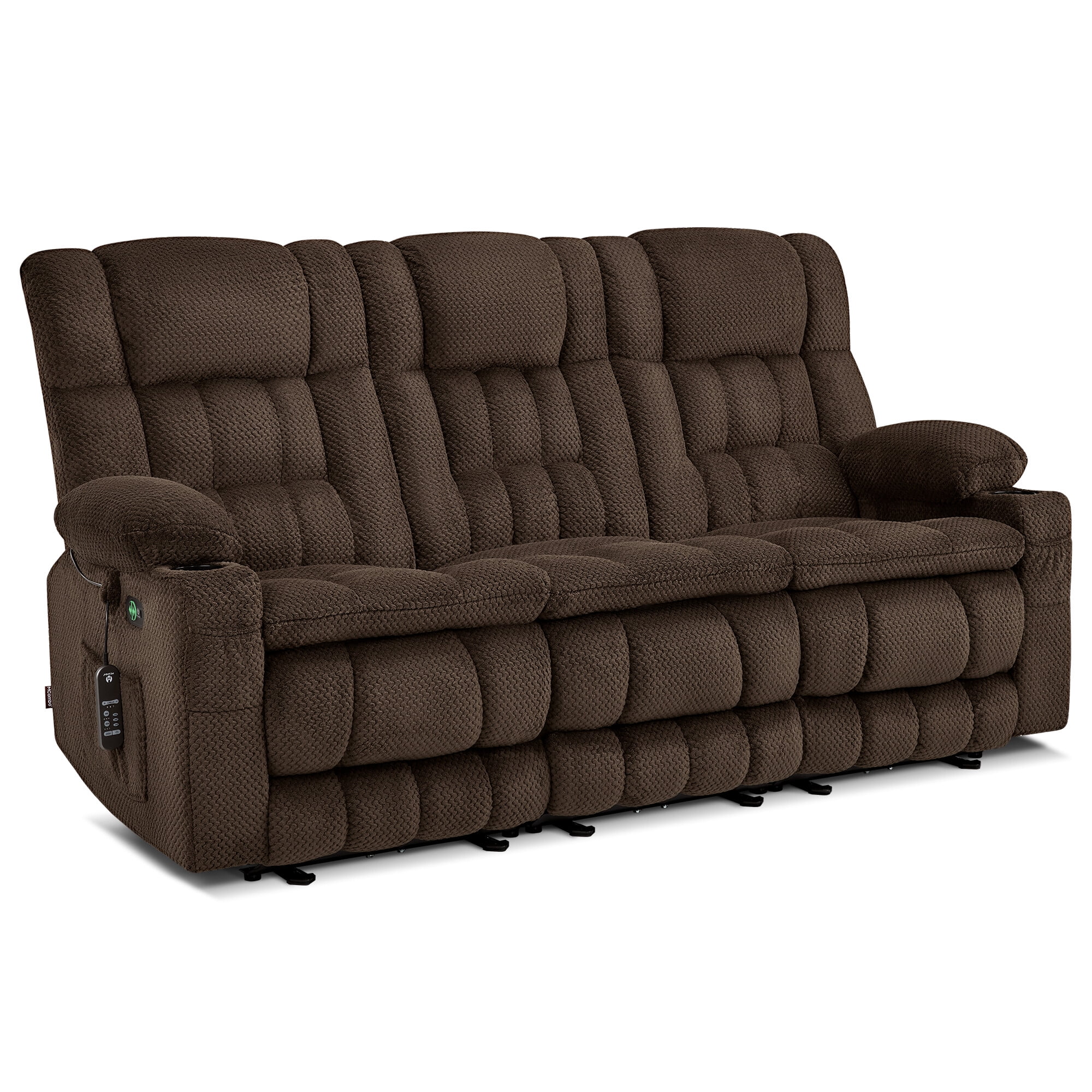 MCombo 80.7" 3 Seater Power Reclining Sofa Couch with Heat Vibration Massage for Living Room, Fabric, Brown