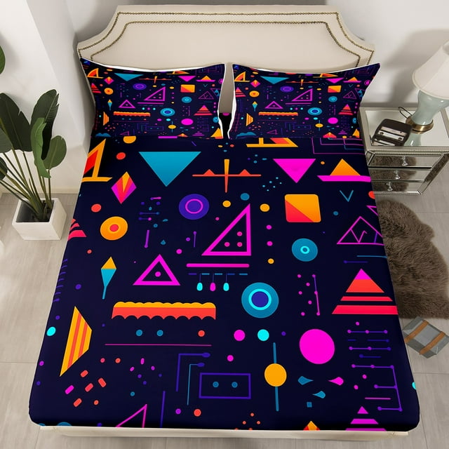 YST Memphis Bed Sheets Full Retro 80S 90S Bedding Set Abstract Geometric Triangle Circle Pattern Fitted Sheet For Kids Boys Adults Room Decor,Hip-Hop Hippie Geometry Bed Cover