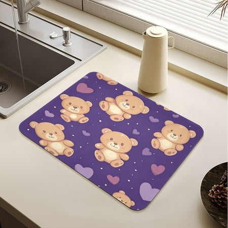 

Cute Teddy Bear and Heart Pattern Drying Mat Diatomaceous Earth Super Absorbent Non-slip Rubber Sole Heat Resistant 230 Degrees Fahrenheit 15.7×11.8in