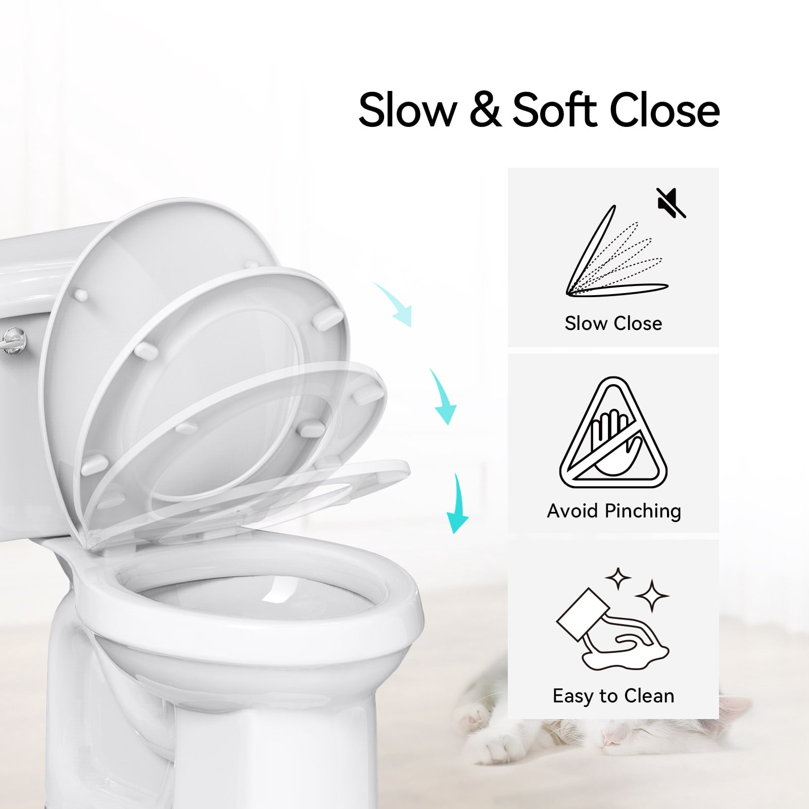 R&T B1098 Elongated Toilet Seat, Heavy-Duty up to 440 lbs, Slow Close, Non Slip and Easy to Keep Clean, Easy to Install, White Premium PP Material