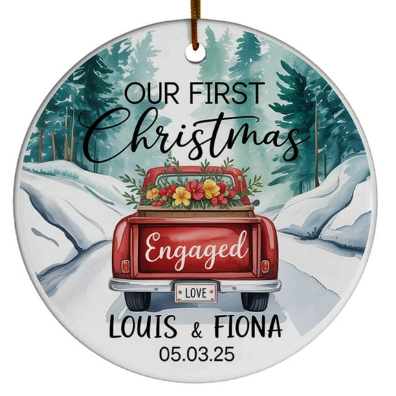 Our First Christmas Engaged Ornament Xmas 2025, Custom Name Text Names Dated Christmas Ornament for Newlywed