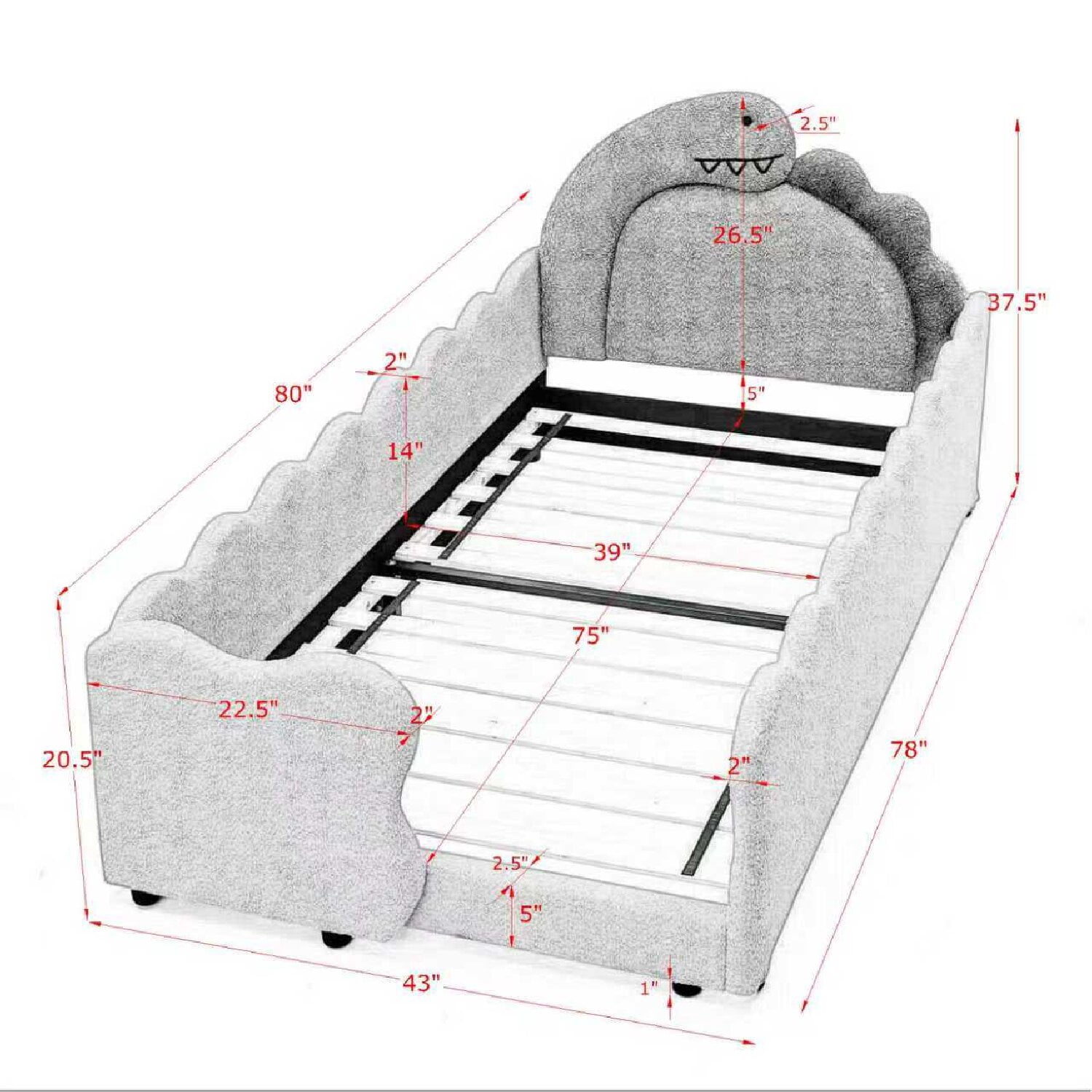 T-Joy Cute Dinosaur-Shaped Kids Bed with Safety Guardraild, Boucle Wooden Toddler Bed, Twin Size, Grey