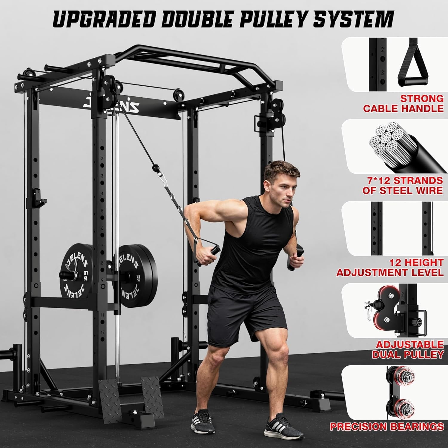Squat Rack for Home Gym, 2000LBS Power Rack with Adjustable Pulley System, Power Cage Workout Equipment with LAT Pulldown and Training Attachment