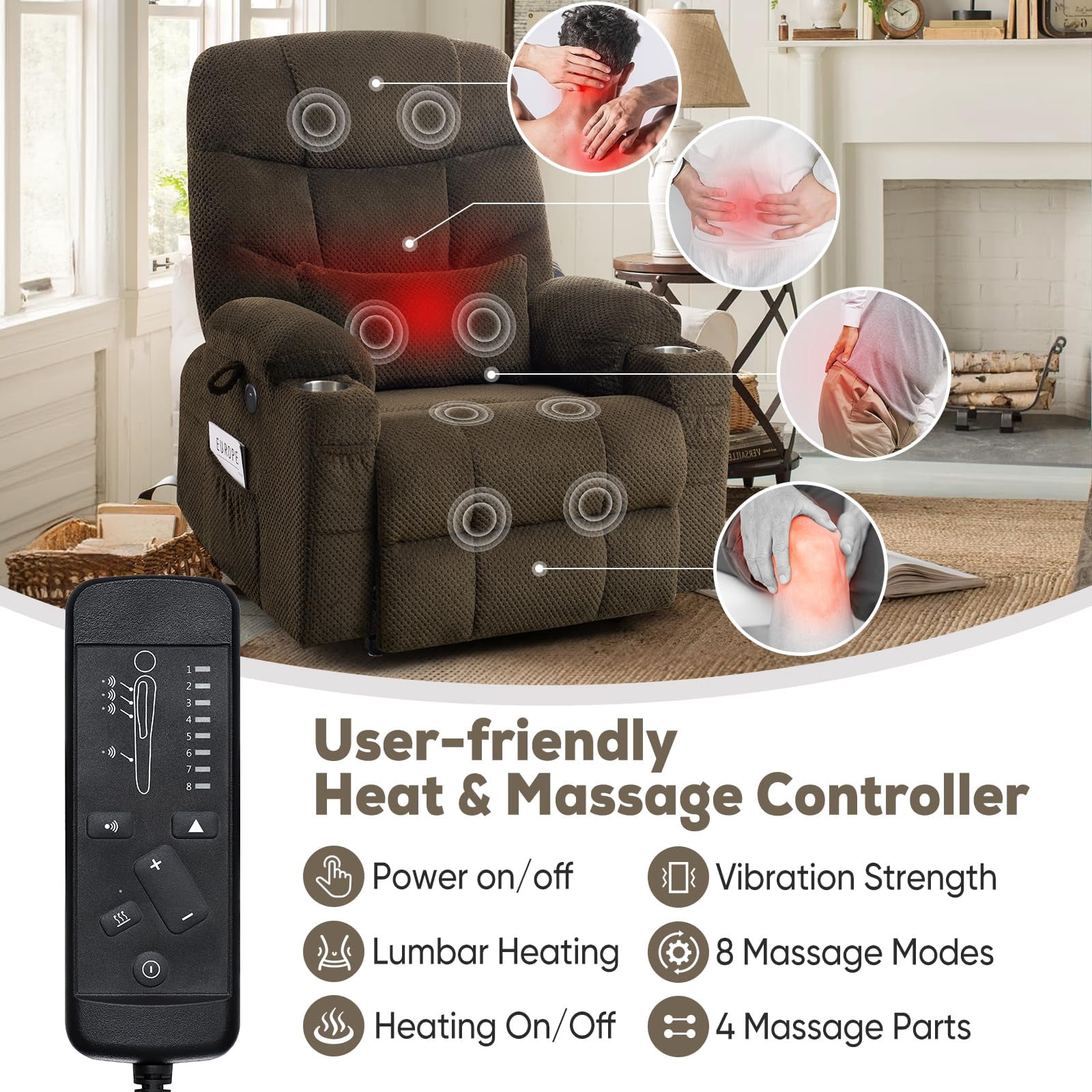 JULY'S SONG Dual Motor Lay Flat Power Lift Recliner Chair with Heat and Massage, USB & Type-C Ports, Large Recliners for Living Room, Oversized Recliner for Adults & Elderly - Dark Brown