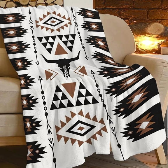 Western Boho Cowboy Print Fleece Blanket - Soft Plush Aztec Indian Texas Longhorn Skull Throw for Couch Sofa Bed Decor Cozy Gift for Adults