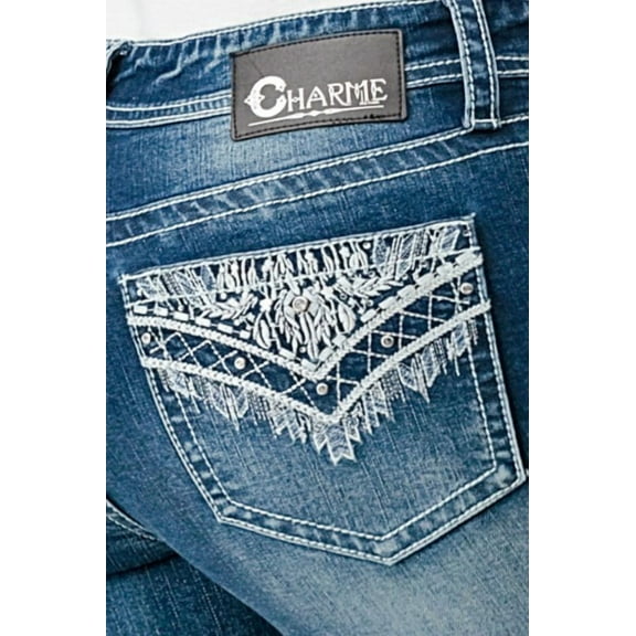 Charme by Grace in LA Jeans Women's Aztec Western Embroidered Bootcut Jeans (25, Blue Stonewashed)