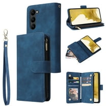 Cowithday Phone Case for Samsung Galaxy S24, Galaxy S24 Wallet Case with Zipper for Women and Men, PU Leather Magnetic Buckle Flip Kickstand Closure Wrist Strap Zipper Card Holder Phone Cases, Blue