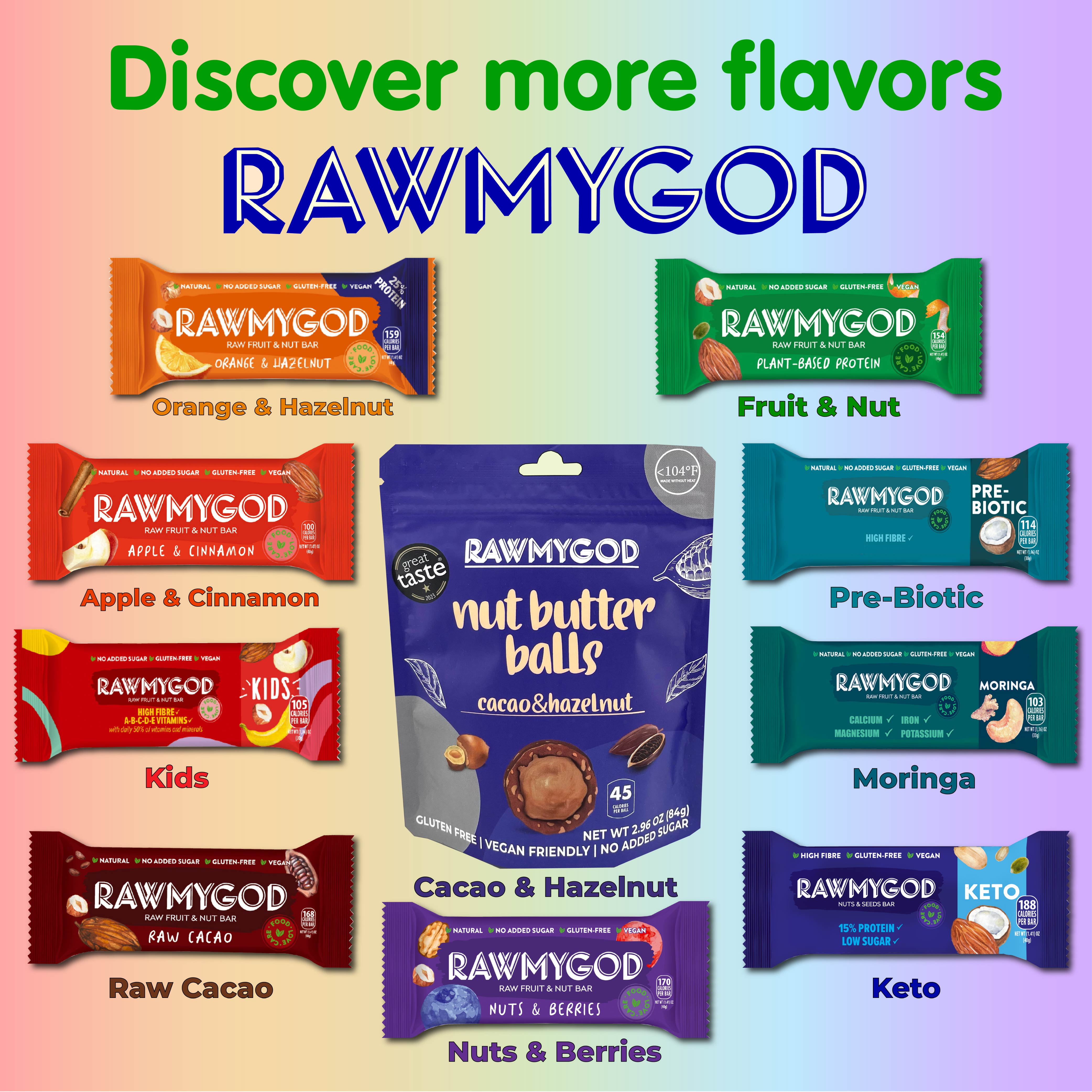 RAWMYGOD Raw Fruit and Nut Bar Raw Cacao, Gluten Free, Vegan, No Added Sugar, 16 Pack, 168 Calories per Bar