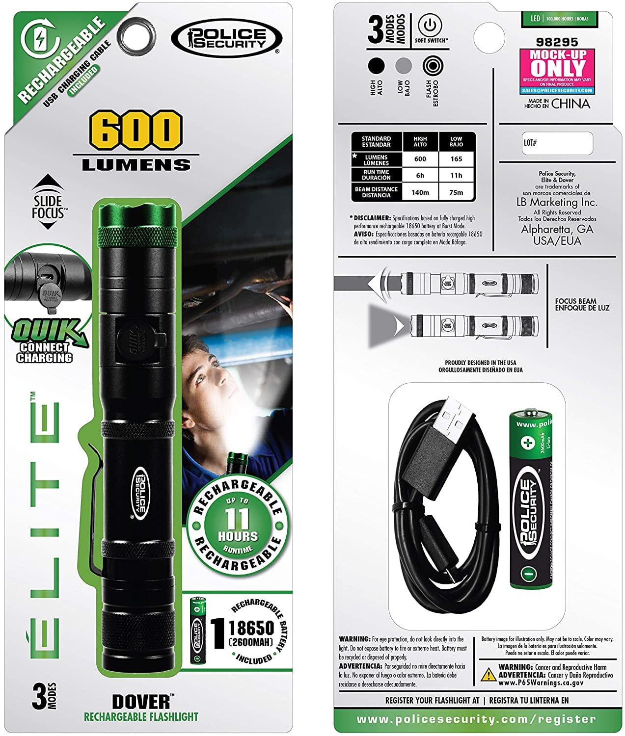 Police Security 98295 Dover Rechargeable LED Flashlight 800 Lumens