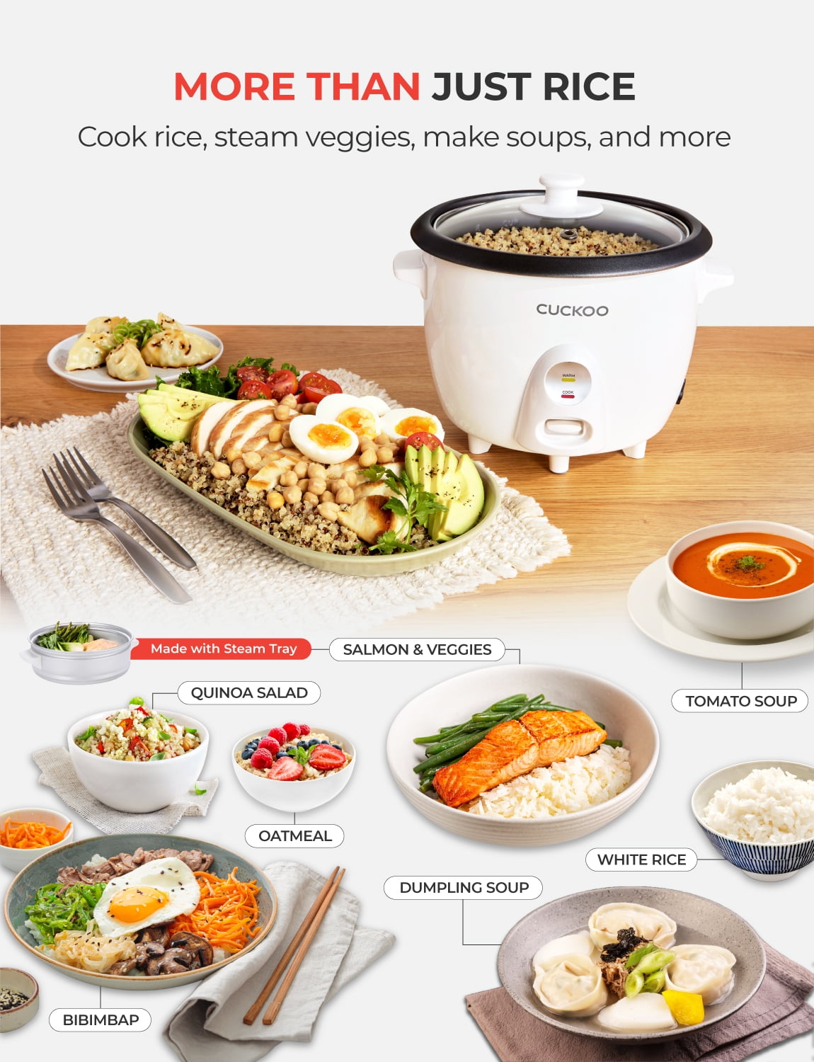 CUCKOO One Touch Rice Cooker 6-Cup (Uncooked) / 12-Cup (Cooked), Small Rice Cooker & Warmer with Steamer Tray, Versatile Grain Cooker, Soup Maker, Auto Keep Warm, White (CR-0601C)