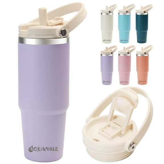 AQUAPHILE 30 oz Insulated Water Bottles with Straw Lid, Double Walled Vacuum Stainless Steel Travel Tumbler with Handle and Straw, Wide Mouth Thermos Bottle, Lavender