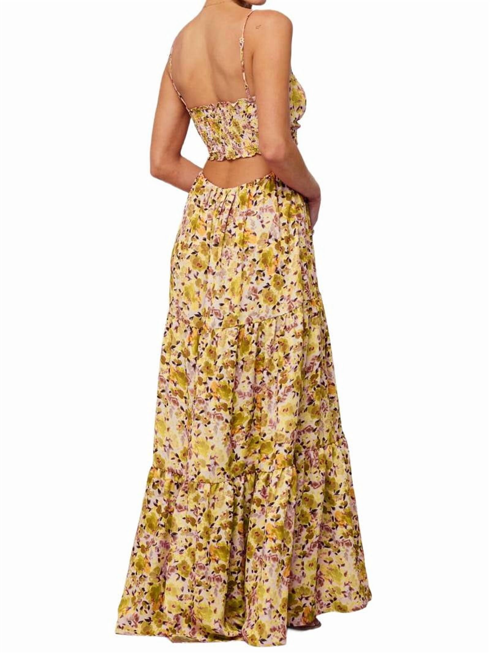 Summer Floral Women Spaghetti Straps Hollow Out Tie Front Maxi Dress Flowy Smocked - Dress Yellow-Green L