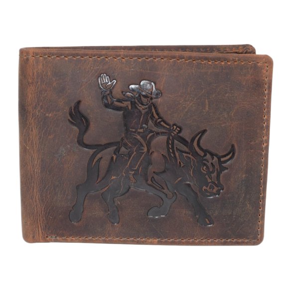 MARSHAL Western Rodeo Bull Rider Design Genuine Leather RFID Blocking Cowboy Bifold Wallet for Men Black
