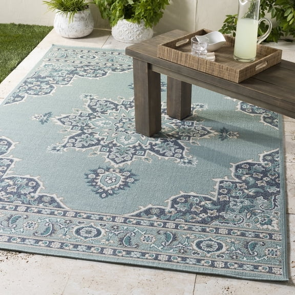 Livabliss Alfresco Vintage Indoor/Outdoor Area Rug,7'3" Round,Pale Blue